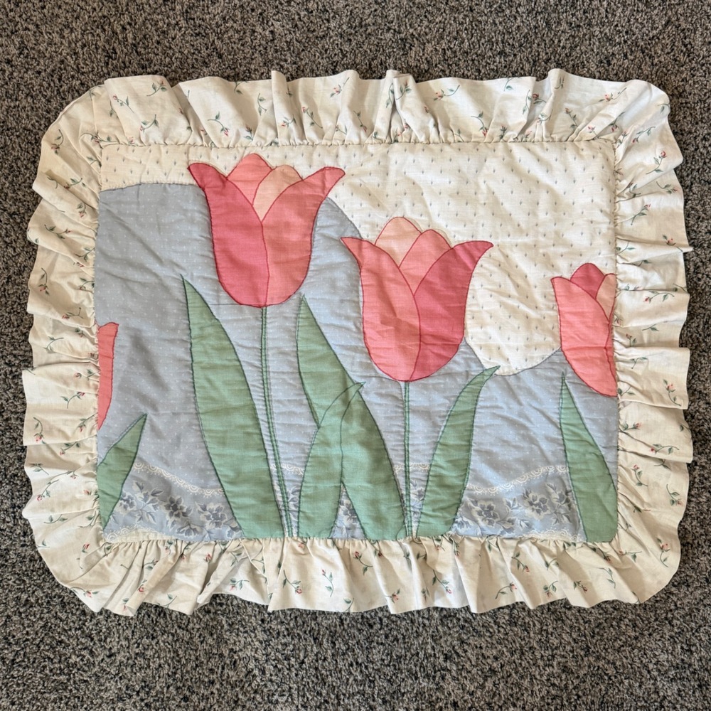 Vintage Quilted Tulip Applique Pillow Sham Ruffled Floral Cottagecore Pink Blue